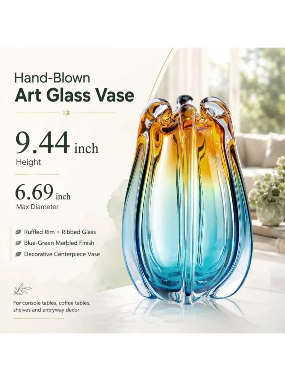 Unique Hand Blown Glass Vase, 9.45
